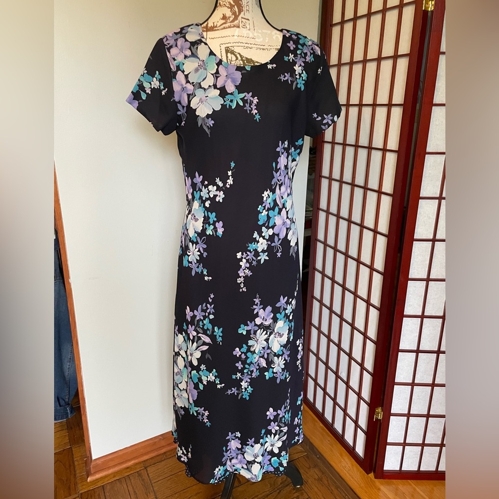 Worthington Floral Navy Midi Dress, Size 10P
